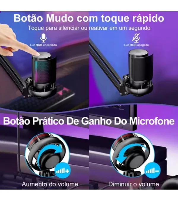Microfone Condensador Cardioid Rgb Para Pc Gamer E Gravação