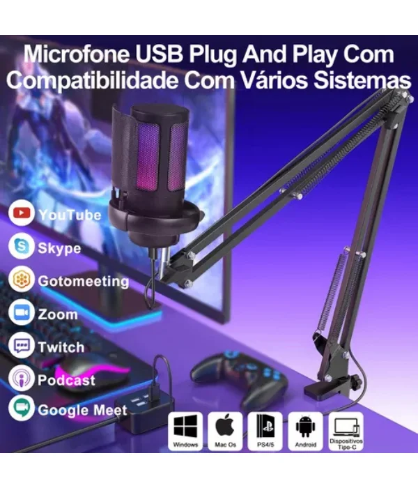 Microfone Condensador Cardioid Rgb Para Pc Gamer E Gravação